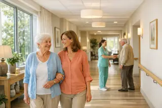 Elderly residents and staff in a bright, welcoming communal room enjoying an art workshop, natural light and homely decor create a caring, dignified atmosphere.
