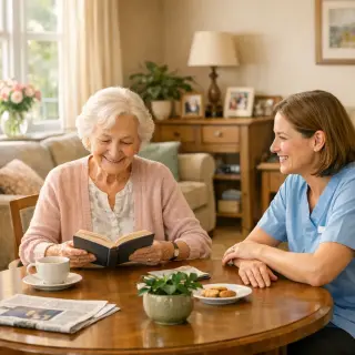 Elderly woman reading at a sunlit table in a cozy, modern care home, with a caring staff member nearby, surrounded by comfortable furnishings and plants.