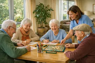 Elderly people and a staff member enjoy a group activity in a bright, welcoming common room with natural light and cozy decor.