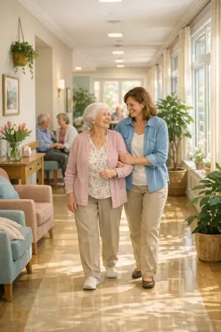 Elderly woman and caring family member walking together in a sunlit nursing home hallway, both smiling, with a bright and welcoming atmosphere