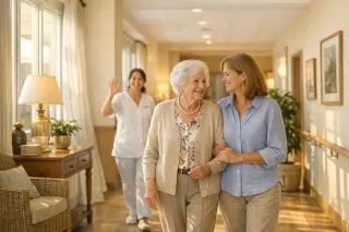 Bright corridor in a modern nursing home with an elderly woman walking beside a supportive relative and a smiling staff member, all in a warm, welcoming atmosphere.