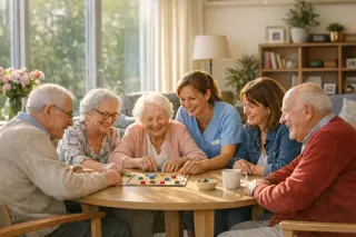 Elderly residents, a caregiver, and a family member playing a board game together in a warmly lit, comfortable communal lounge of a modern nursing home.