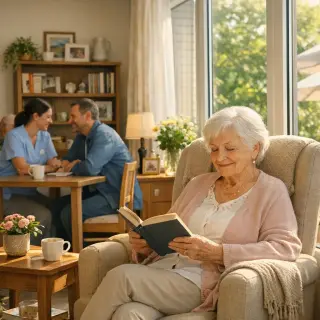 Elderly woman reading by a window in a bright EHPAD common room, with a caregiver and family member talking in the background.