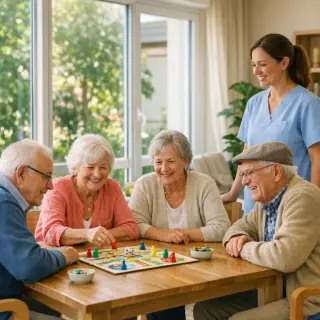 Elderly residents and a staff member playing a board game together in a bright, homelike care facility room with large windows and warm natural light.