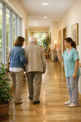 Bright corridor in a contemporary nursing home, elderly resident walking with a family member, caregiver smiling nearby, natural light and inviting decor.