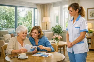 Elderly people participating in an art activity with a caregiver and a visiting family member in a bright, modern nursing home common room.