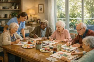 Elderly people and a staff member enjoying a group art activity in a bright, welcoming EHPAD common room with natural light and homelike decor.