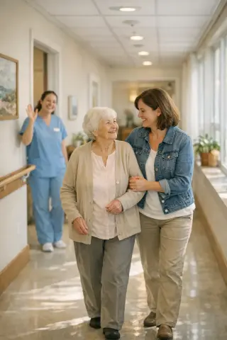 Elderly woman walking arm-in-arm with a family member in a sunlit hallway of a modern care home, greeted warmly by a staff member.
