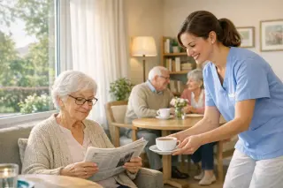 Serene EHPAD living room with elderly residents socializing and reading, cared for by a smiling staff member in a bright, welcoming space.