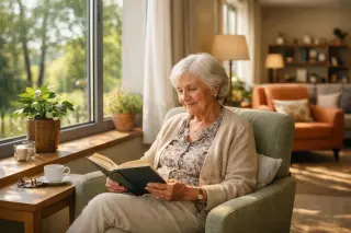 Older woman reading comfortably by a sunlit window in a modern, warmly decorated EHPAD lounge, creating a serene and inviting atmosphere.