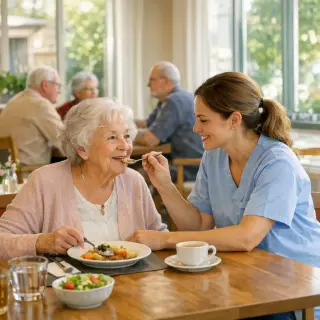 Caregiver helping an elderly woman with her meal in a bright, welcoming dining room of a modern care home, with natural light and a warm ambiance.
