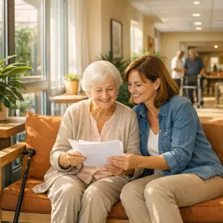 Elderly woman walking and talking with her daughter in a sunlit, modern care home corridor with plants and artwork on the walls.