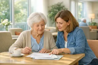 Elderly woman and her adult daughter quietly reviewing paperwork together at a sunlit table in a modern, comfortable EHPAD lounge.