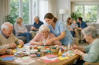 Residents and staff share a sunny arts and crafts session in an inviting communal room of an EHPAD, relaxed and dignified atmosphere, natural light and warm decor.