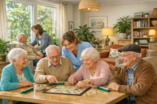 Several elderly people play a board game together in a sunlit, cheerful communal room, accompanied by a caregiver and a visiting family member, evoking a warm and supportive atmosphere.