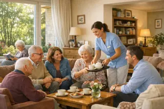 Elderly people and family in a bright EHPAD lounge, chatting and reading near large windows, with attentive staff and comfortable, homelike decor.
