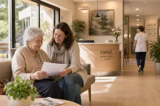Elderly woman and daughter reviewing documents together in a sunlit, modern nursing home hallway, with welcoming decor and staff member in the background.