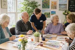 Elderly residents and a caregiver participate in a daytime art workshop in a bright, welcoming common room, with family nearby and a friendly, caring atmosphere.