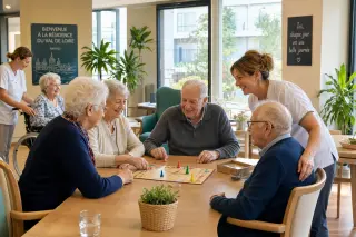 Elderly residents and caregivers playing a board game together in a bright, cozy nursing home common room, with sunlight streaming in and plants in the background.