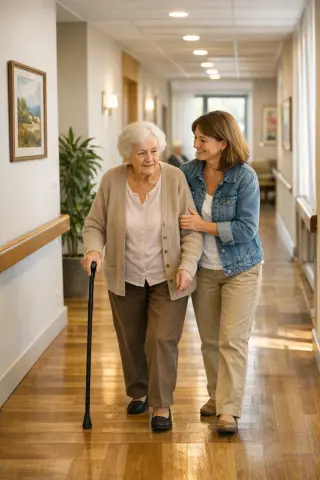 Elderly woman with a cane walking with a family visitor in a bright, welcoming corridor of a modern nursing home, sunlight and plants emphasizing a warm, dignified atmosphere.