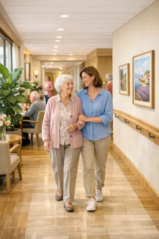 Elderly woman and her adult daughter walking together in a sunlit, modern EHPAD corridor, sharing a warm moment in a bright, welcoming environment.